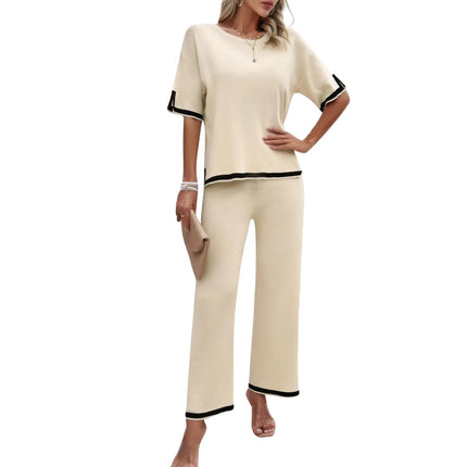Women's Summer Fashion Outfits Two Pieces Outfits Knit Short Sleeve Wide Leg pants Loun