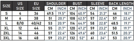 Women's cropped faux leather jacket size chart S–3XL with measurements in cm and inches