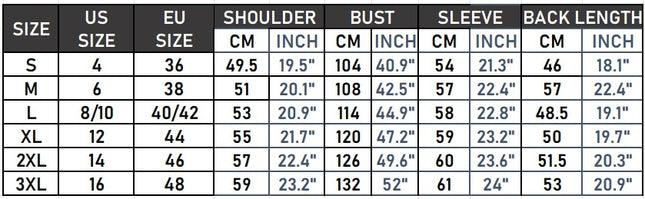 Women's cropped faux leather jacket size chart S–3XL with measurements in cm and inches