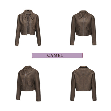 Women's cropped faux leather jacket, supplier front and back color detail image 5