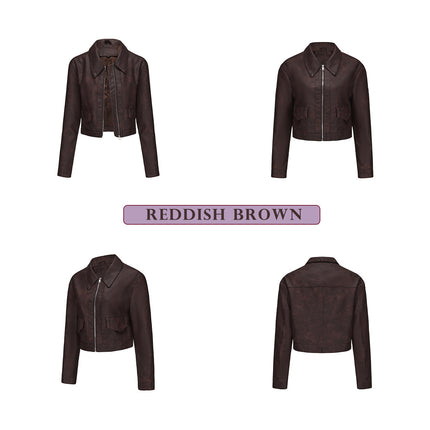 Women's cropped faux leather jacket, supplier front and back color detail image 7