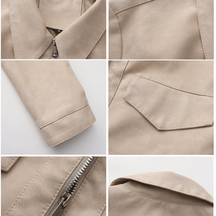 Women's cropped faux leather zip-up jacket, supplier fashion photography and product construction detail 10