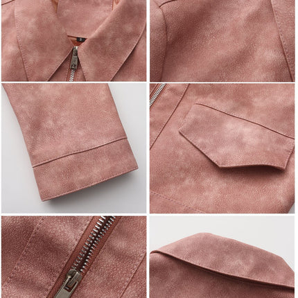 Women's cropped faux leather zip-up jacket, supplier fashion photography and product construction detail 14
