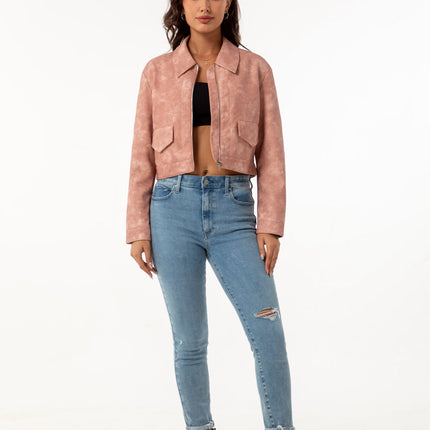 Women's cropped faux leather zip-up jacket, supplier fashion photography and product construction detail 15