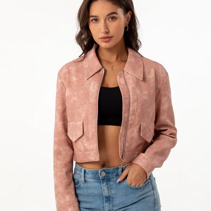 Women's cropped faux leather zip-up jacket, supplier fashion photography and product construction detail 16