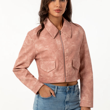 Women's cropped faux leather zip-up jacket, supplier fashion photography and product construction detail 17
