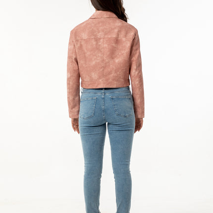 Women's cropped faux leather zip-up jacket, supplier fashion photography and product construction detail 18