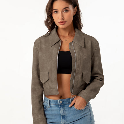 Women's cropped faux leather shirt-collar jacket, supplier model and product photo 25