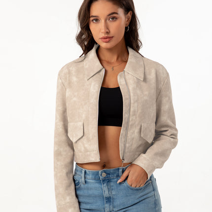 Women's cropped faux leather shirt-collar jacket, supplier model and product photo 26