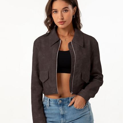 Women's cropped faux leather shirt-collar jacket, supplier model and product photo 27