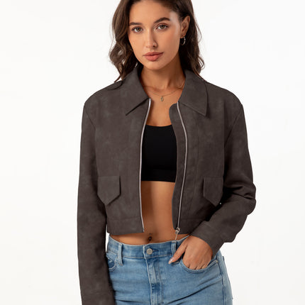 Women's cropped faux leather shirt-collar jacket, supplier model and product photo 28
