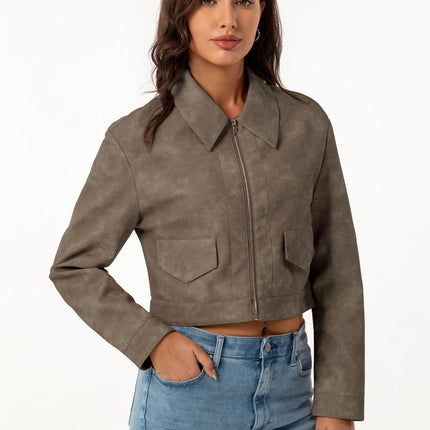 Women's cropped faux leather shirt-collar jacket, supplier model and product photo 29