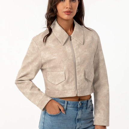 Women's cropped faux leather shirt-collar jacket, supplier model and product photo 30
