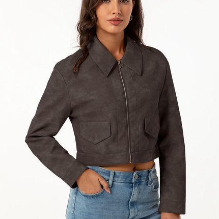 Women's cropped faux leather shirt-collar jacket, supplier model and product photo 32