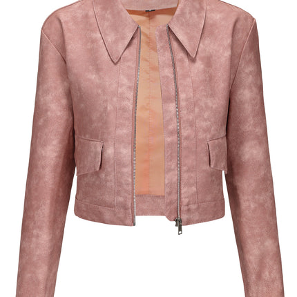 Women's cropped faux leather zip-front jacket, product style and fit image 33