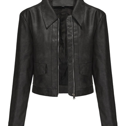 Women's cropped faux leather zip-front jacket, product style and fit image 34
