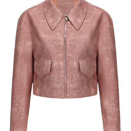 Women's cropped faux leather zip-front jacket, product style and fit image 35