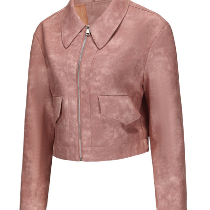 Women's cropped faux leather zip-front jacket, product style and fit image 36