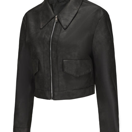 Women's cropped faux leather zip-front jacket, product style and fit image 39