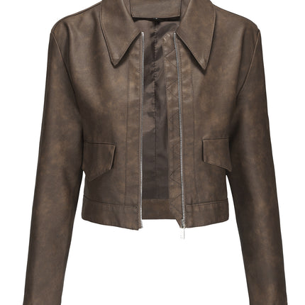 Women's cropped faux leather zip-front jacket, product style and fit image 41