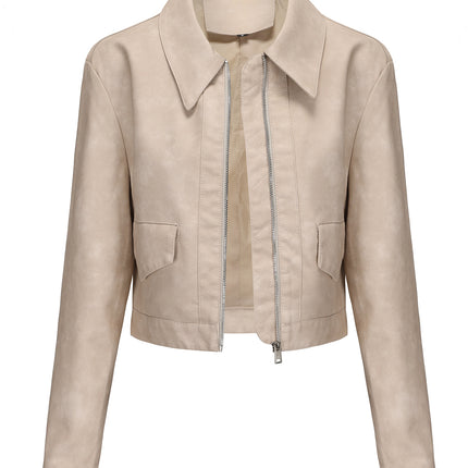 Women's cropped faux leather zip-front jacket, product style and fit image 42