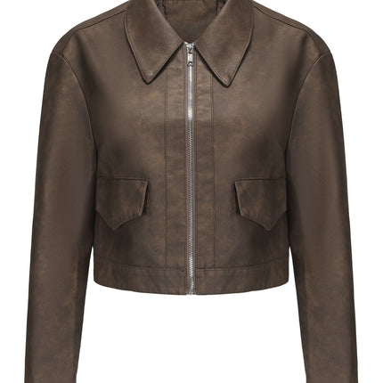 Women's cropped faux leather zip-front jacket, product style and fit image 43