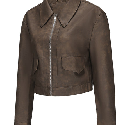 Women's cropped faux leather zip-front jacket, product style and fit image 44