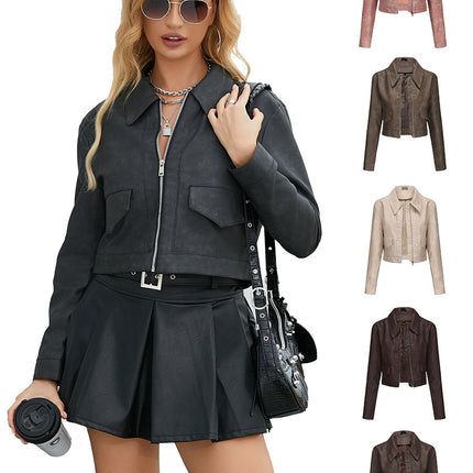 Women's cropped faux leather zip-up jacket on model, six-color fashion assortment
