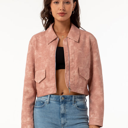 Dusty pink faux leather short jacket modeled from the front