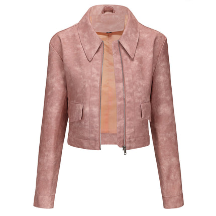 Dusty pink cropped faux leather jacket product view