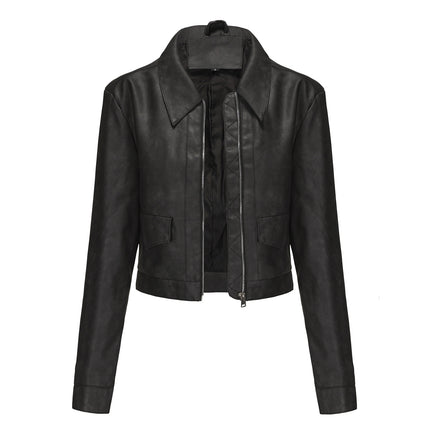 Black women's cropped faux leather jacket front white background