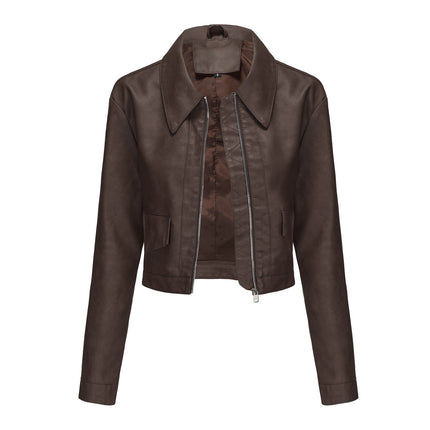 Coffee brown cropped faux leather jacket isolated product front
