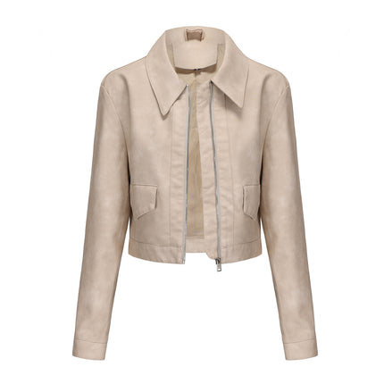 Off-white women's cropped faux leather jacket isolated front