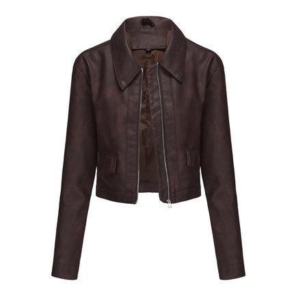Reddish Brown women's cropped faux leather jacket, original supplier color variant image