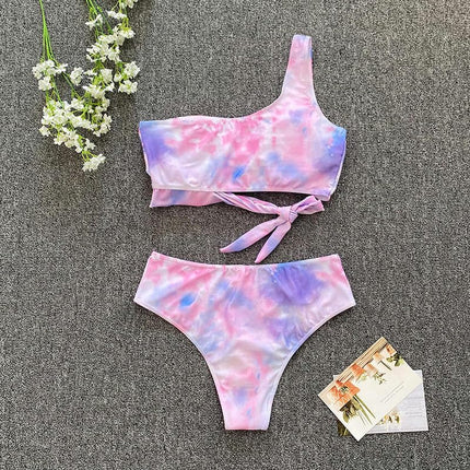 Women One Shoulder High Waisted Bikini Tie High Cut Two Piece Swimsuits