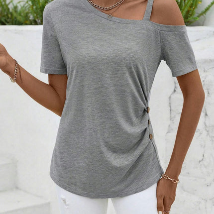 Women's Summer Ruched Short Sleeve Top One Shoulder Casual T-Shirt