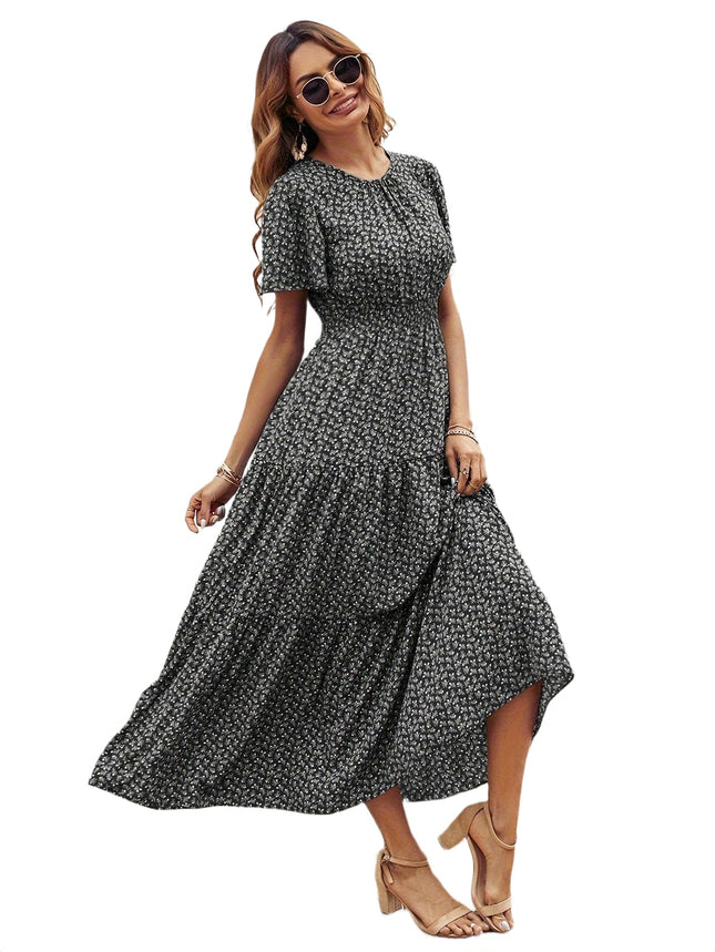 Women's Summer Dress Short Flutter Sleeves Crew Neck Smocked Waist A-Line Maxi Dress