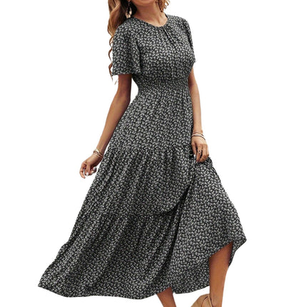 Women's Summer Dress Short Flutter Sleeves Crew Neck Smocked Waist A-Line Maxi Dress