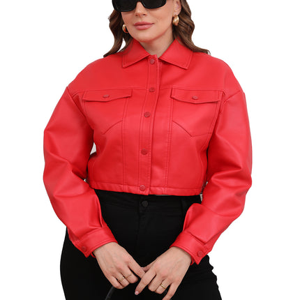 Red plus size cropped faux leather utility jacket styled with trousers