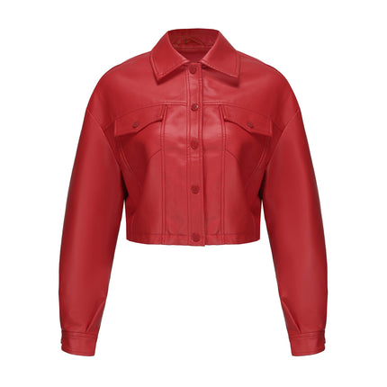 Red plus size cropped faux leather jacket product isolated front