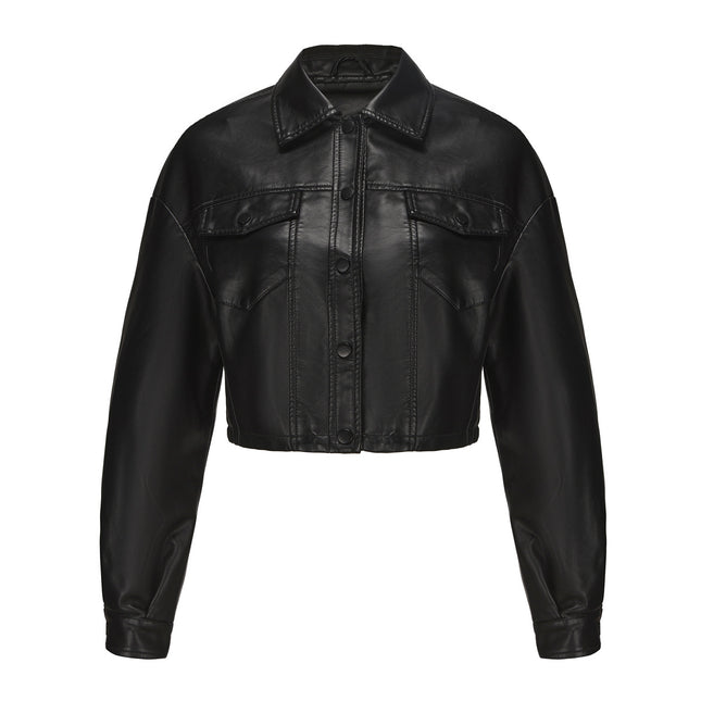 Black plus size faux leather cropped shirt collar snap button jacket, front view