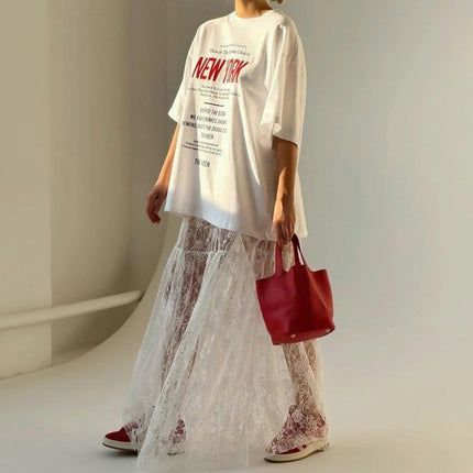 Women's Floral Lace Sheer Maxi Skirts High Waist See Through Long Skirt
