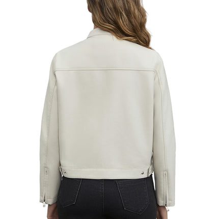 Women's stand collar faux leather zip-up biker jacket product styling and close-up 8