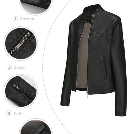 Women's stand collar faux leather zip-up biker jacket product styling and close-up 9