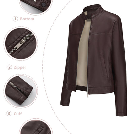 Women's stand collar faux leather zip-up biker jacket product styling and close-up 10