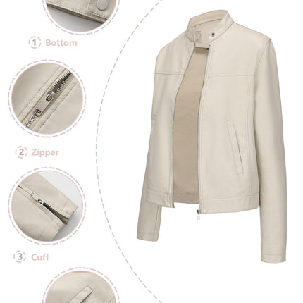 Women's stand collar faux leather zip-up biker jacket product styling and close-up 11