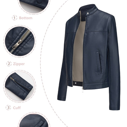 Women's stand collar faux leather zip-up biker jacket product styling and close-up 12