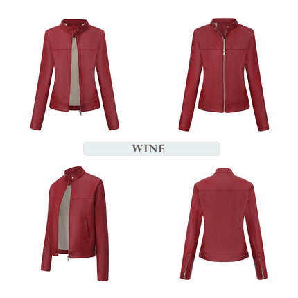 Women's stand collar faux leather zip-up biker jacket product styling and close-up 13
