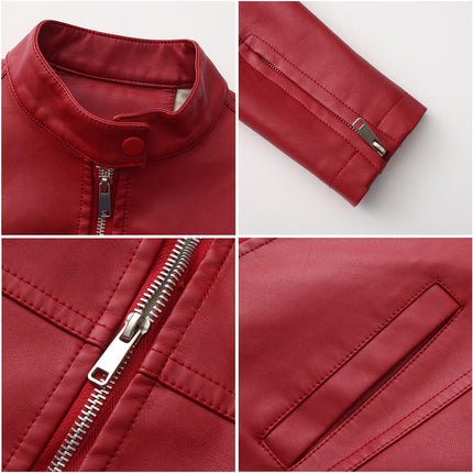 Women's stand collar faux leather zip-up biker jacket product styling and close-up 14