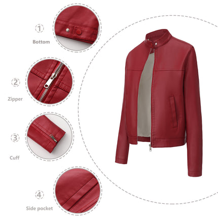 Women's stand collar faux leather zip-up biker jacket product styling and close-up 15